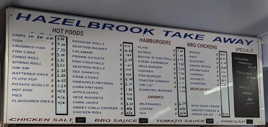 Menu, Hazelbrook Take Away