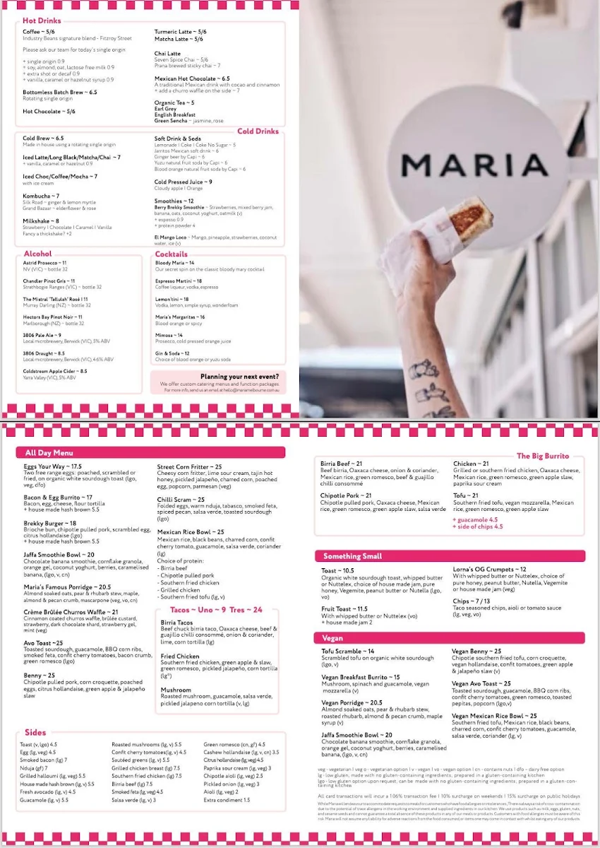 Menu, Maria Cafe