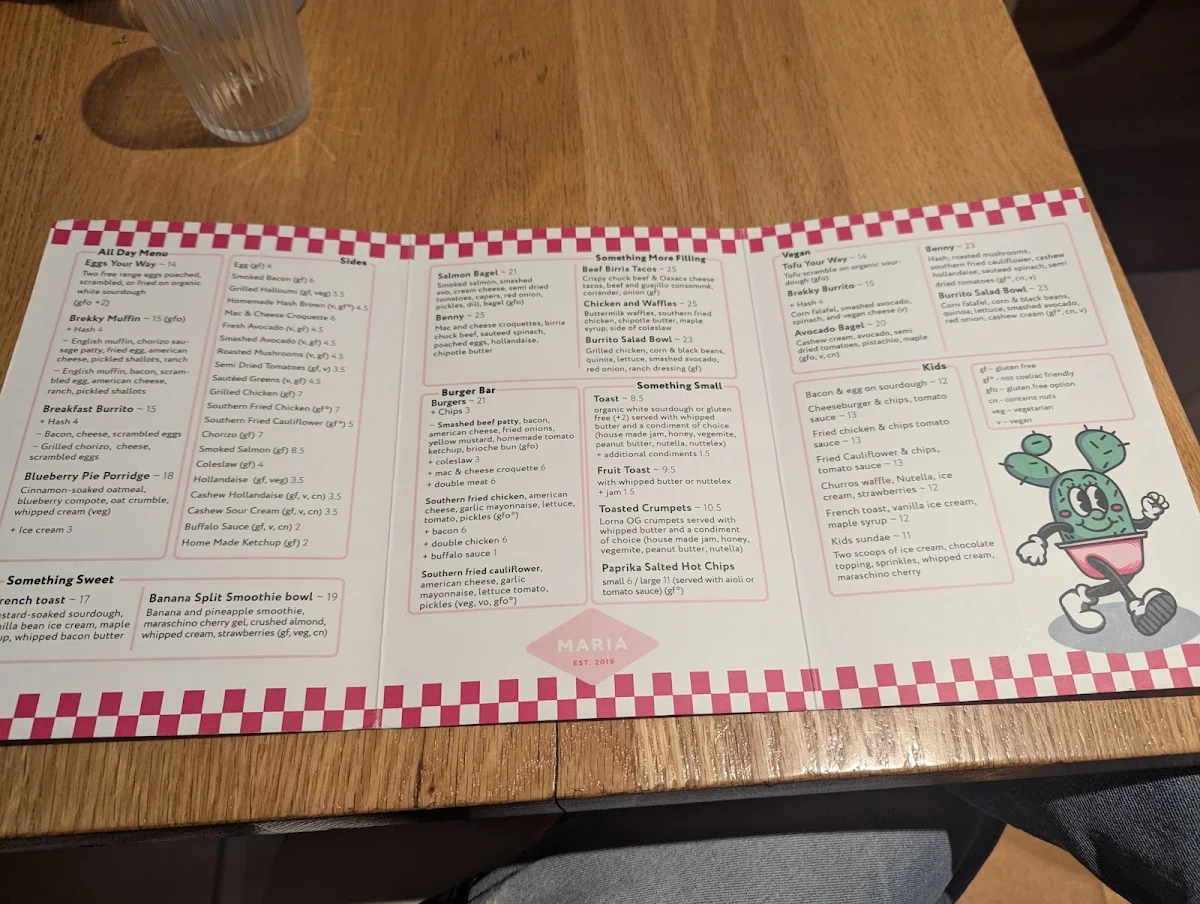 Menu, Maria Cafe