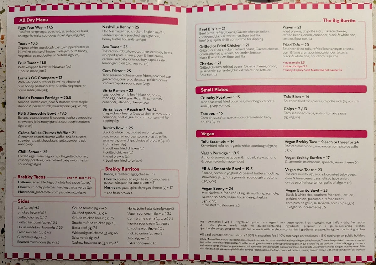 Menu, Maria Cafe