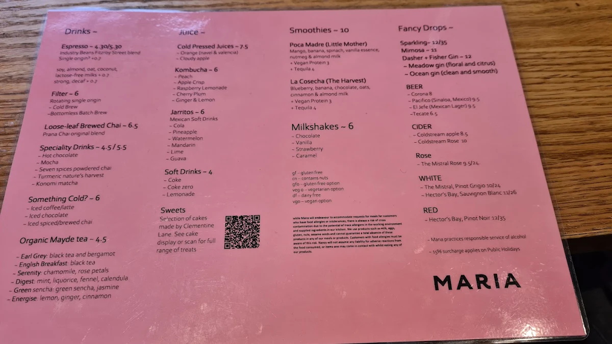 Menu, Maria Cafe