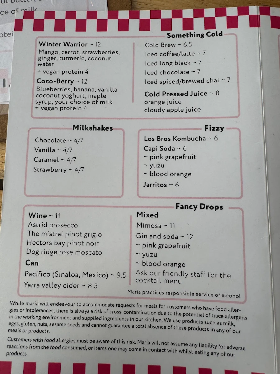 Menu, Maria Cafe