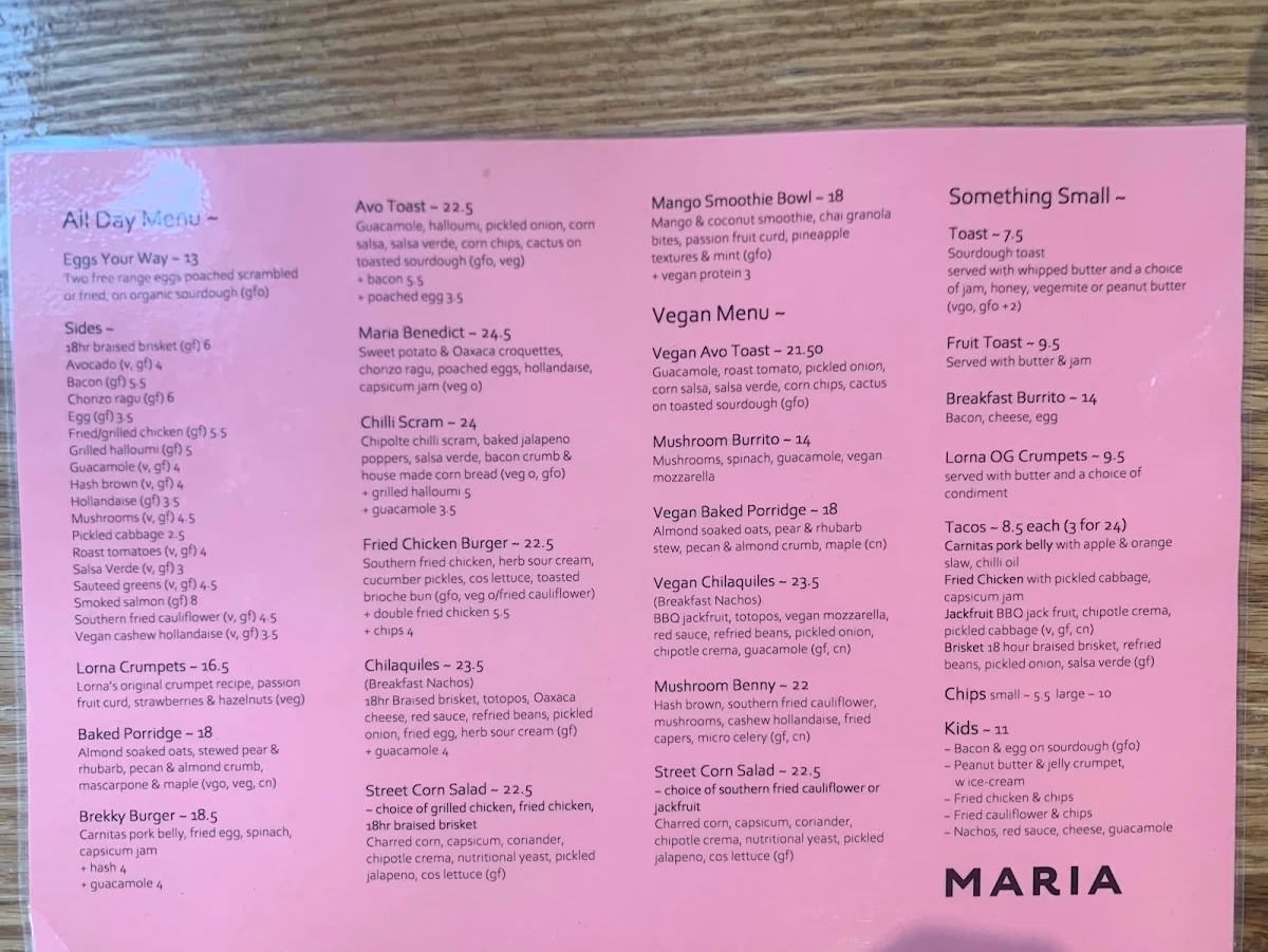 Menu, Maria Cafe