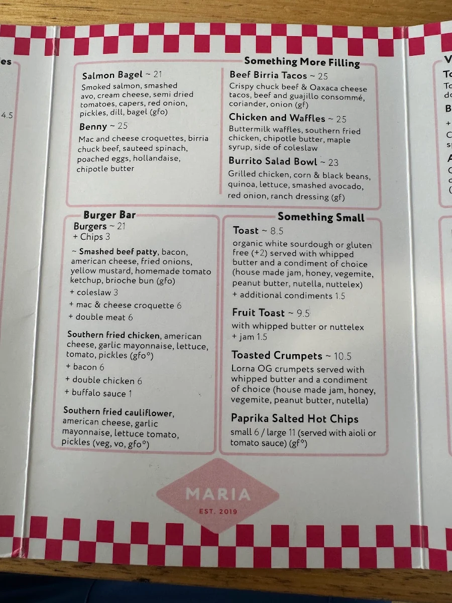 Menu, Maria Cafe