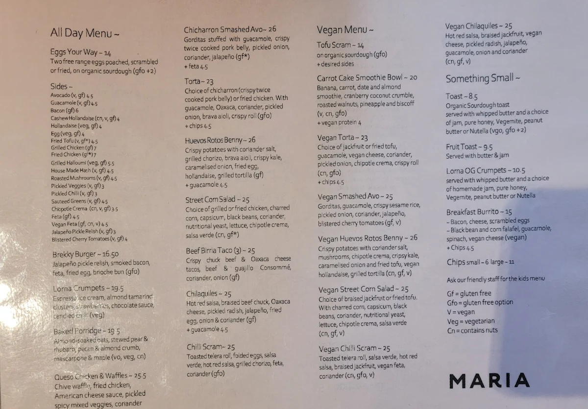 Menu, Maria Cafe