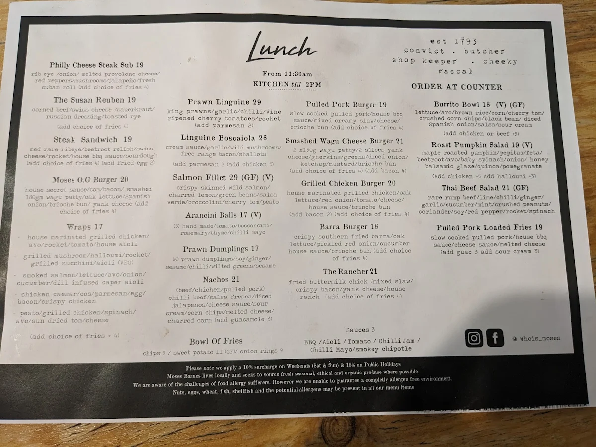 Menu, Moses Barnes
