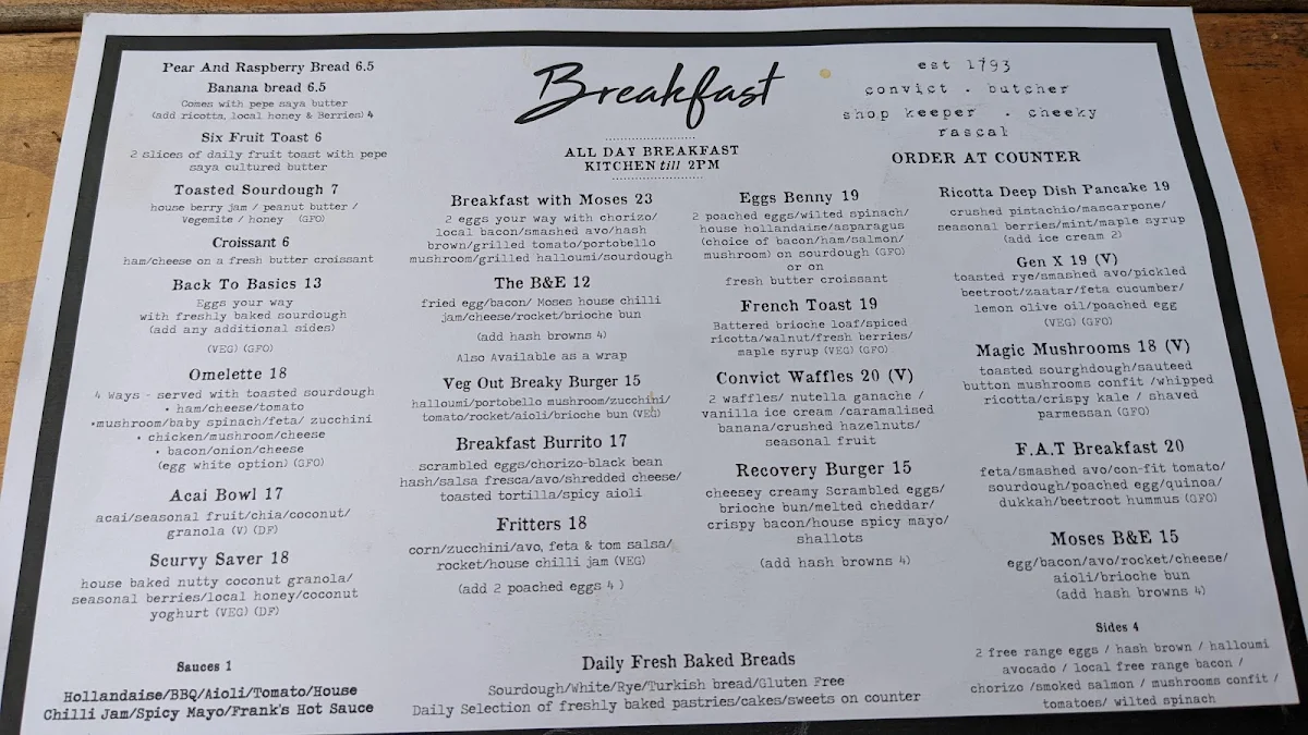 Menu, Moses Barnes