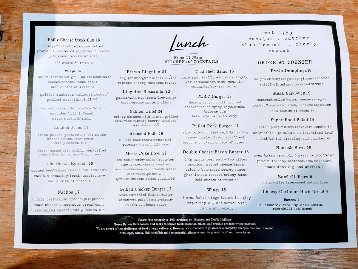 Menu, Moses Barnes