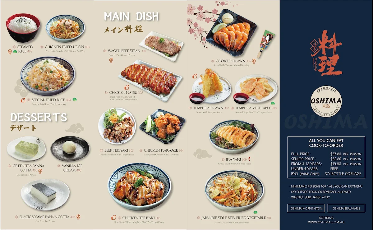 Menu, Oshima Beaumaris All You Can Eat