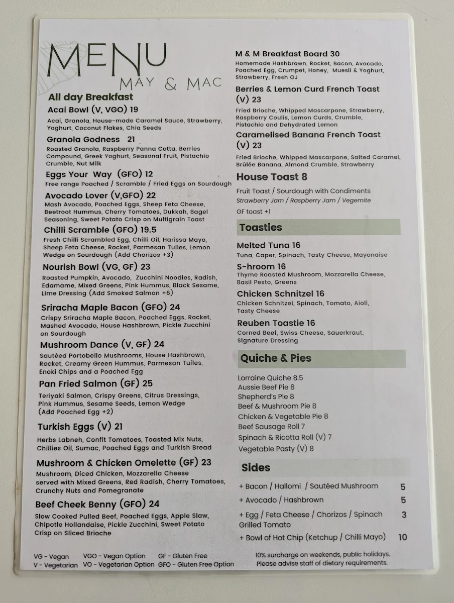 Menu, May & Mac Cafe