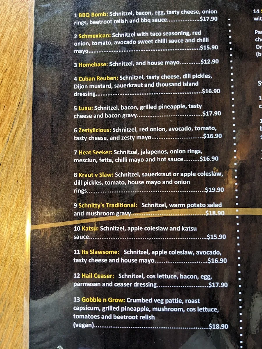 Menu, Schnitty Bar