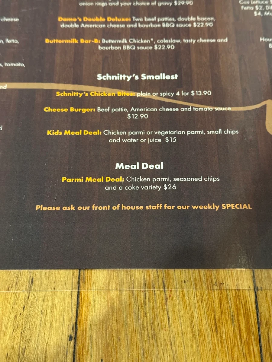 Menu, Schnitty Bar