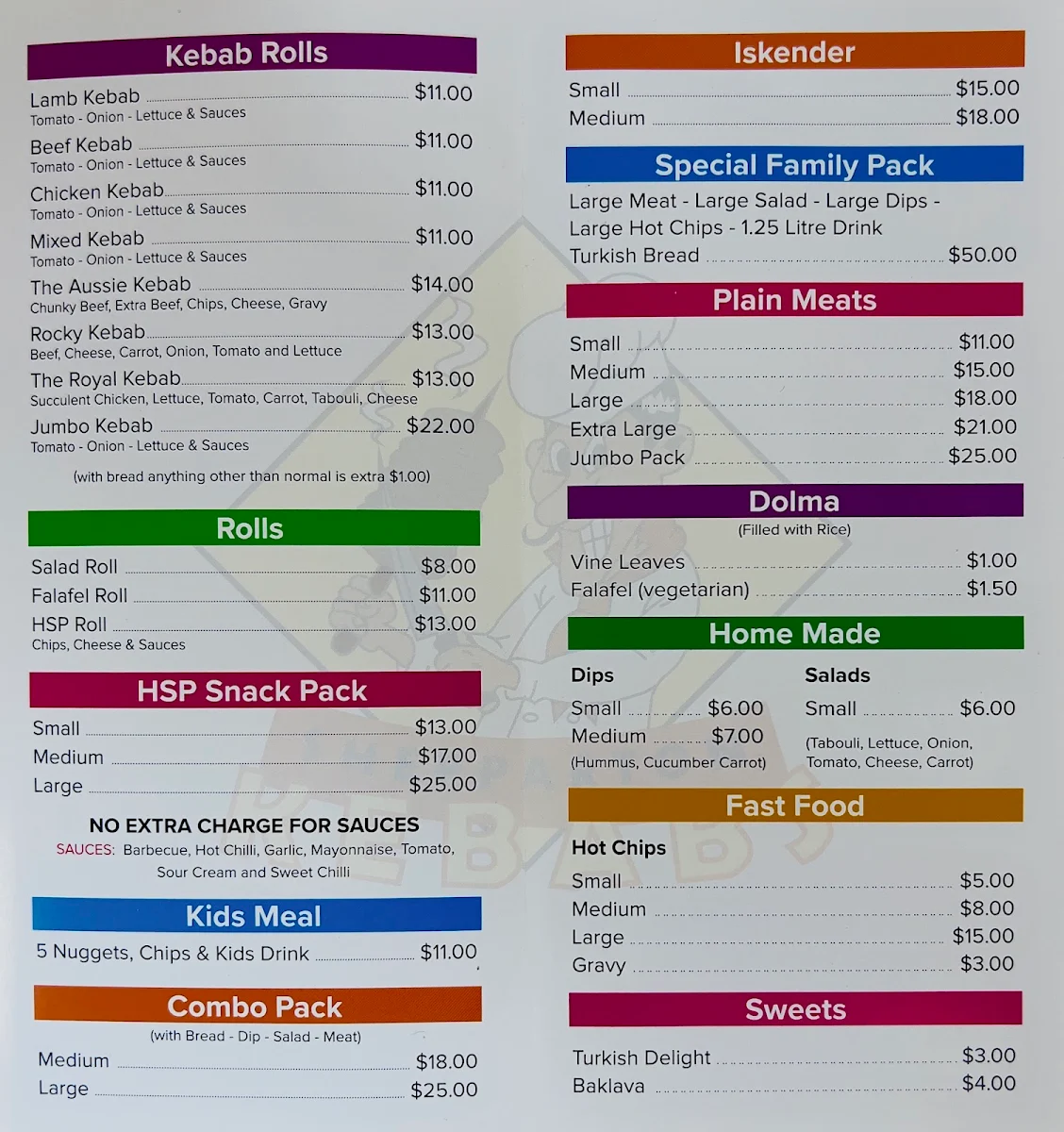Menu, Shepparton Kebabs