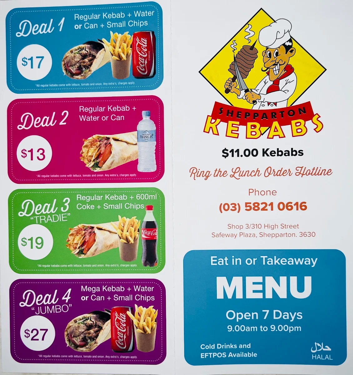 Menu, Shepparton Kebabs
