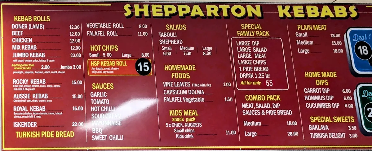 Menu, Shepparton Kebabs