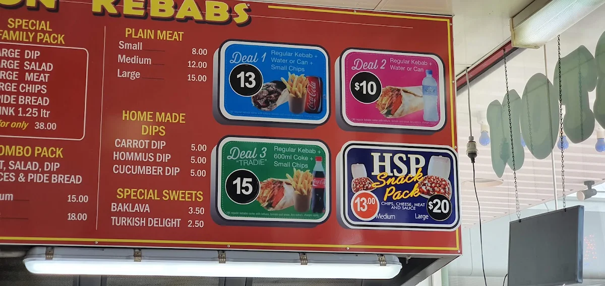 Menu, Shepparton Kebabs