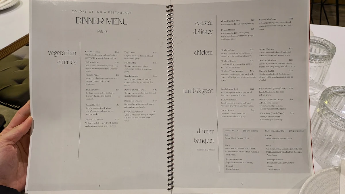 Menu, Colors of India Restaurant