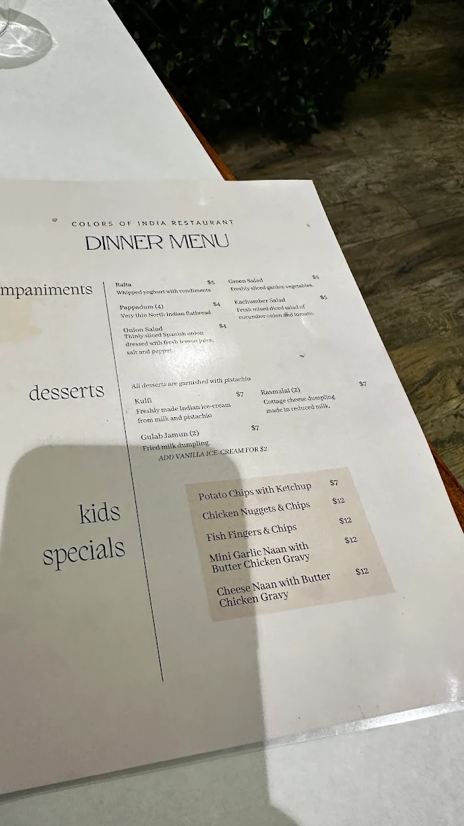 Menu, Colors of India Restaurant