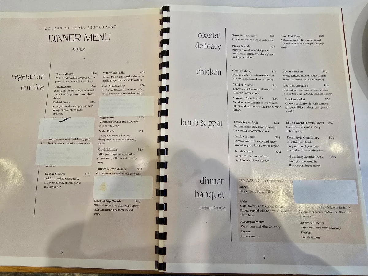 Menu, Colors of India Restaurant