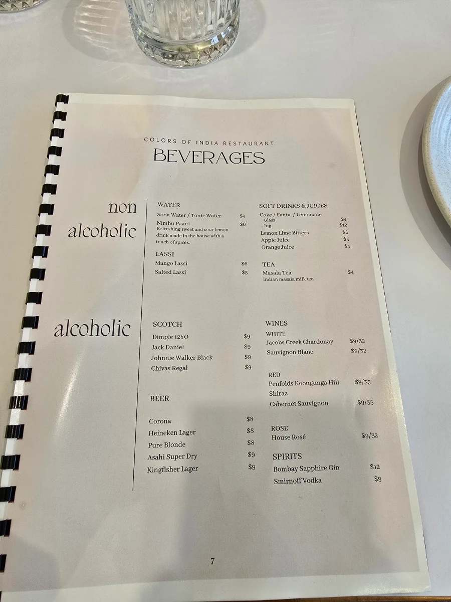 Menu, Colors of India Restaurant