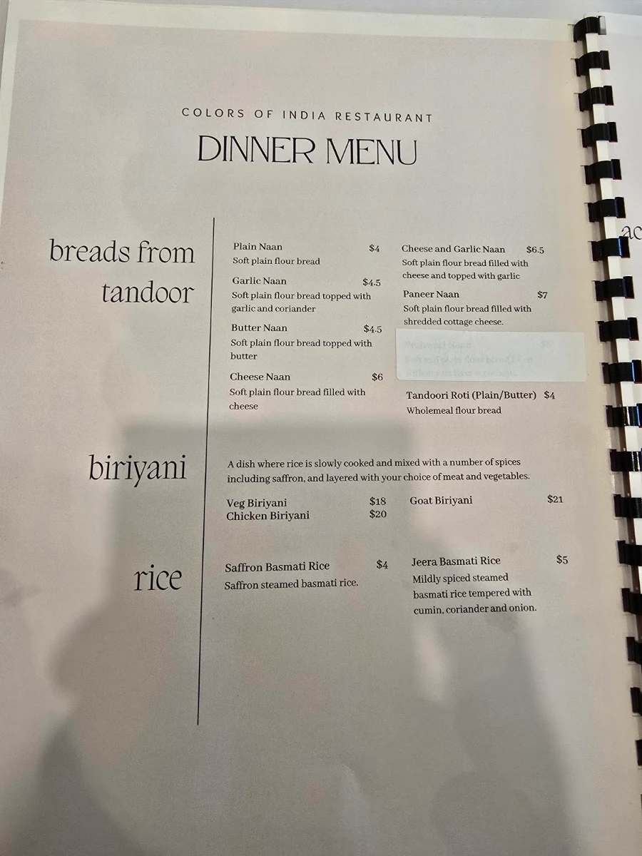 Menu, Colors of India Restaurant