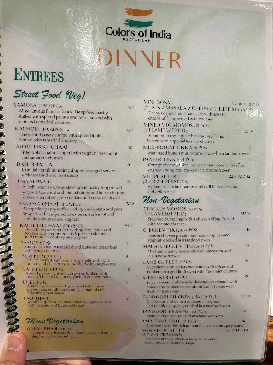Menu, Colors of India Restaurant