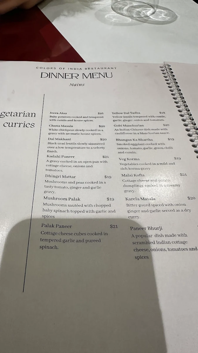 Menu, Colors of India Restaurant