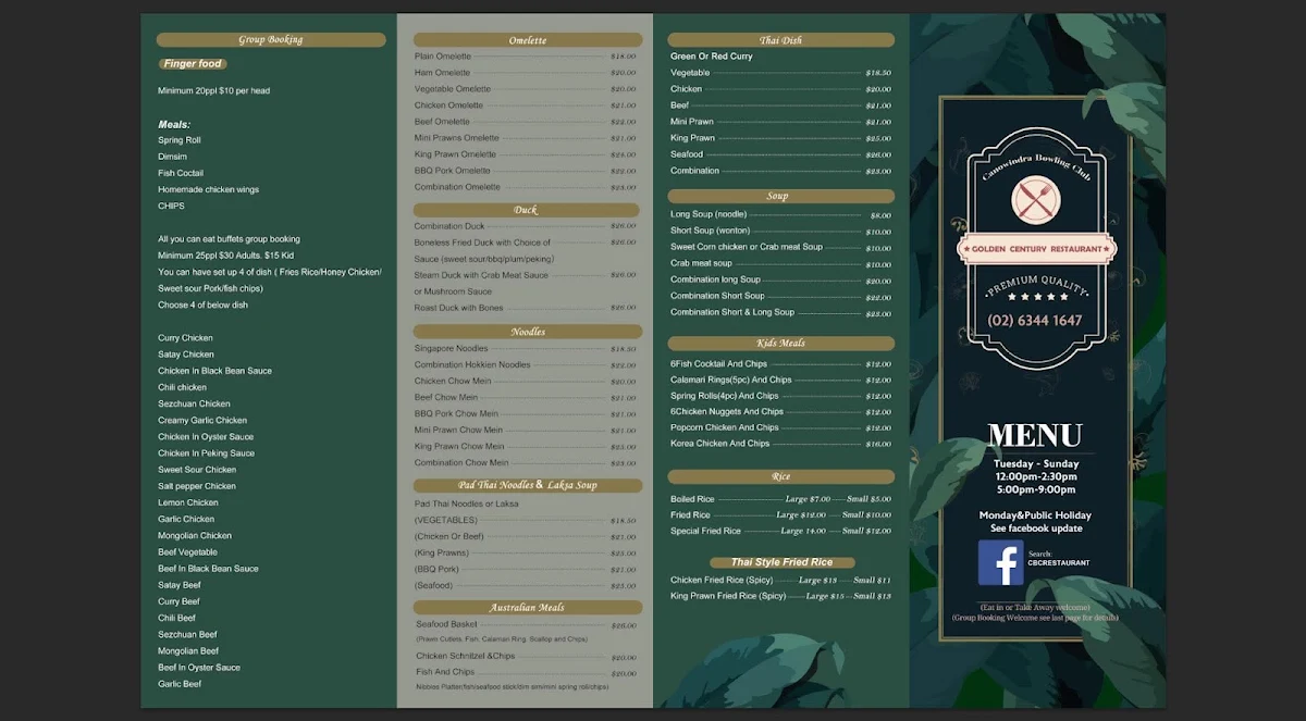 Menu, Golden Century Chinese Restaurant Bowling Club
