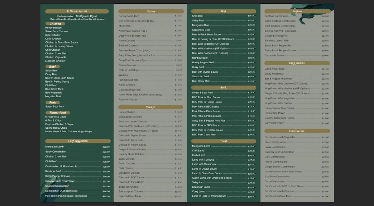 Menu, Golden Century Chinese Restaurant Bowling Club