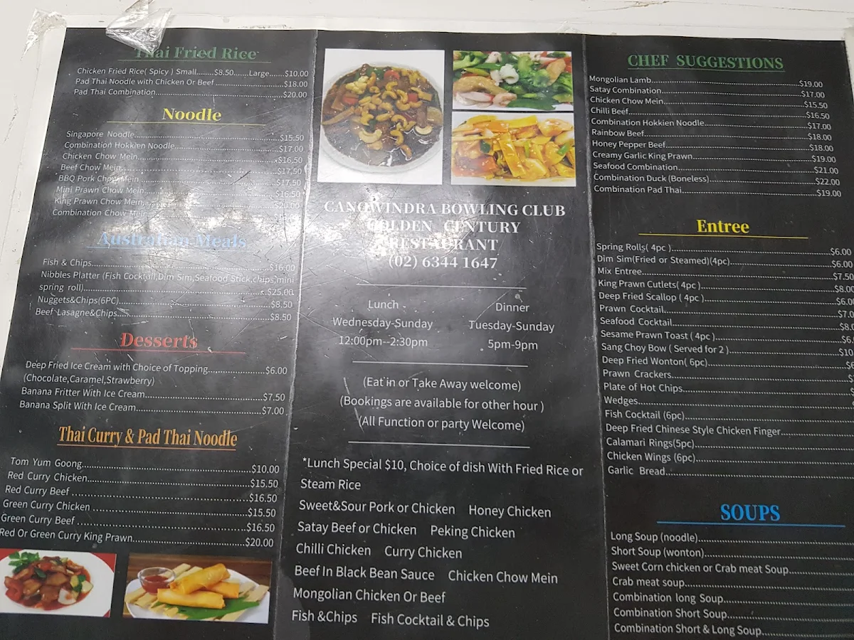 Menu, Golden Century Chinese Restaurant Bowling Club