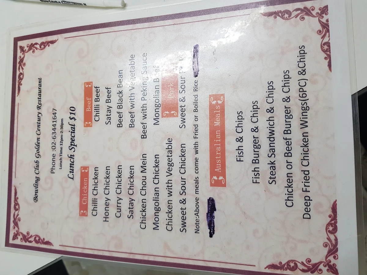 Menu, Golden Century Chinese Restaurant Bowling Club
