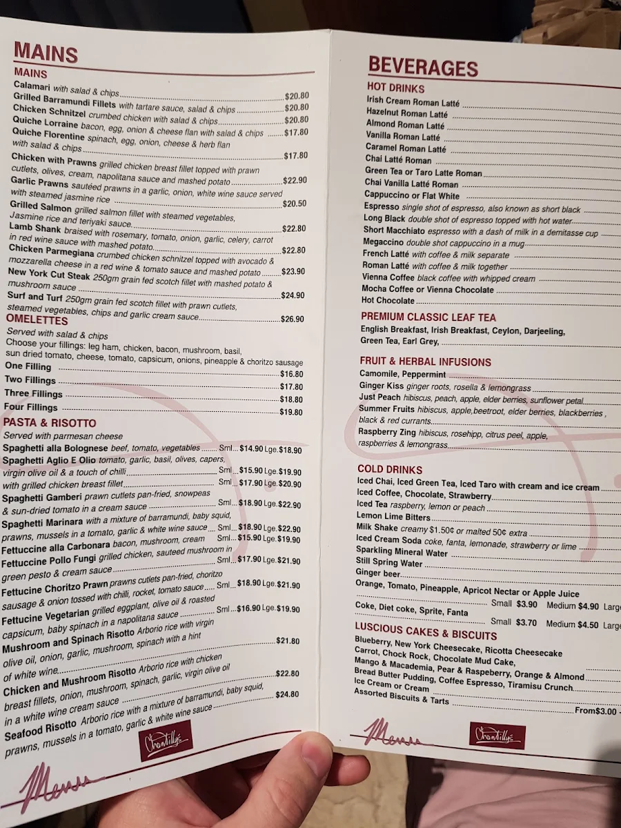 Menu, Chantilly's Coffee Lounge