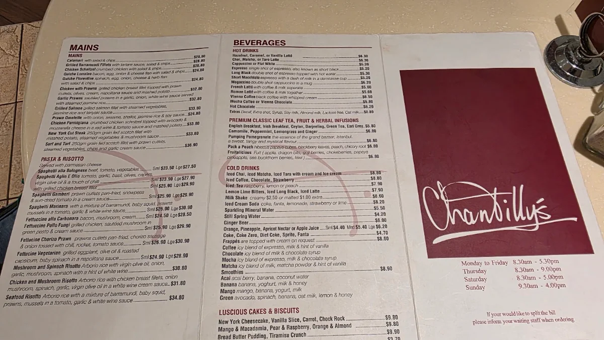 Menu, Chantilly's Coffee Lounge