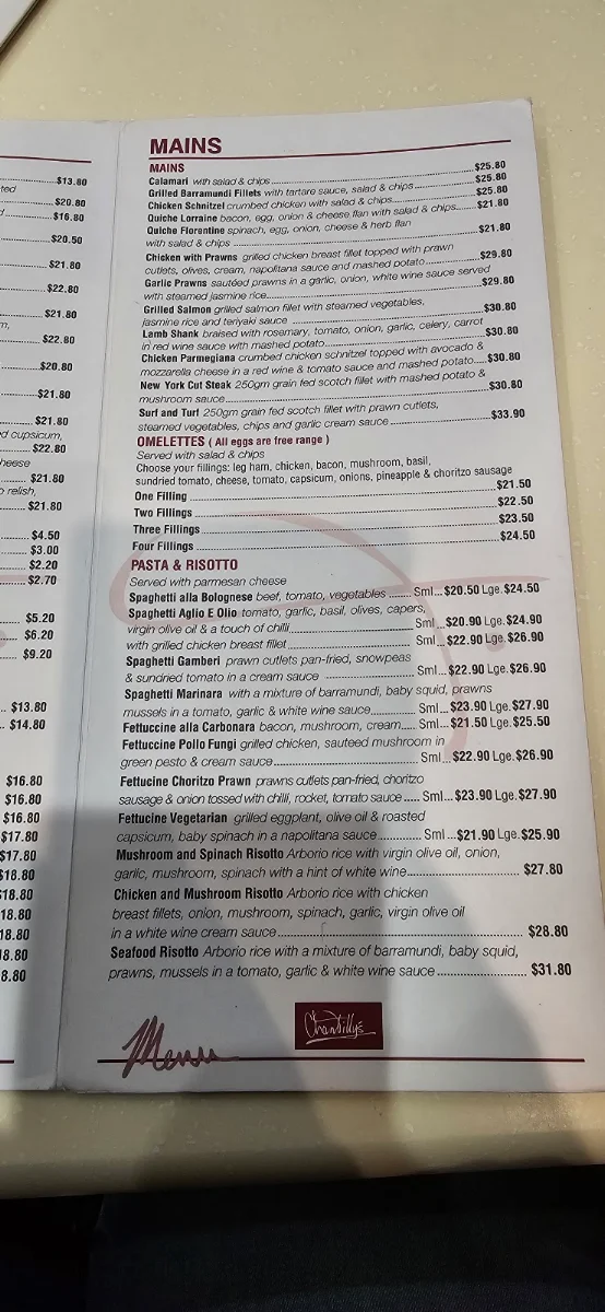 Menu, Chantilly's Coffee Lounge