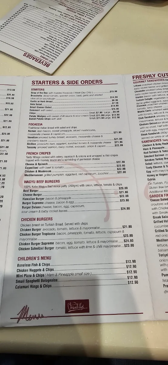 Menu, Chantilly's Coffee Lounge