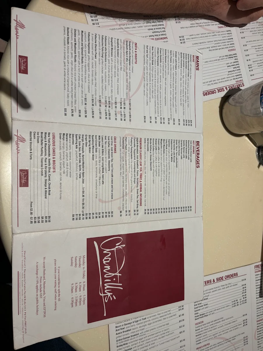 Menu, Chantilly's Coffee Lounge