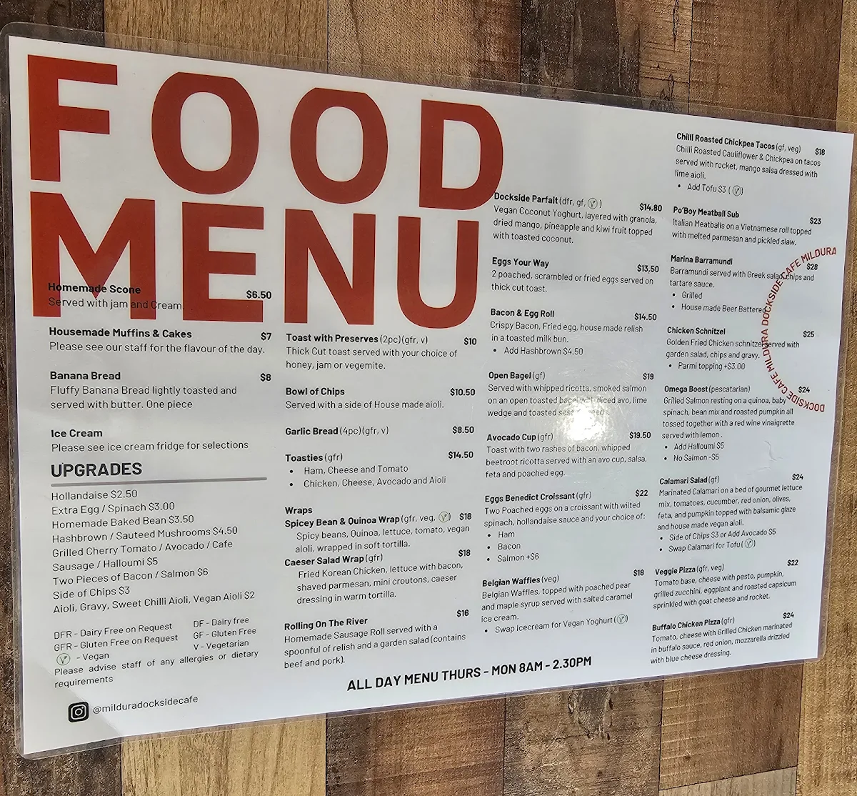 Menu, Dockside Cafe