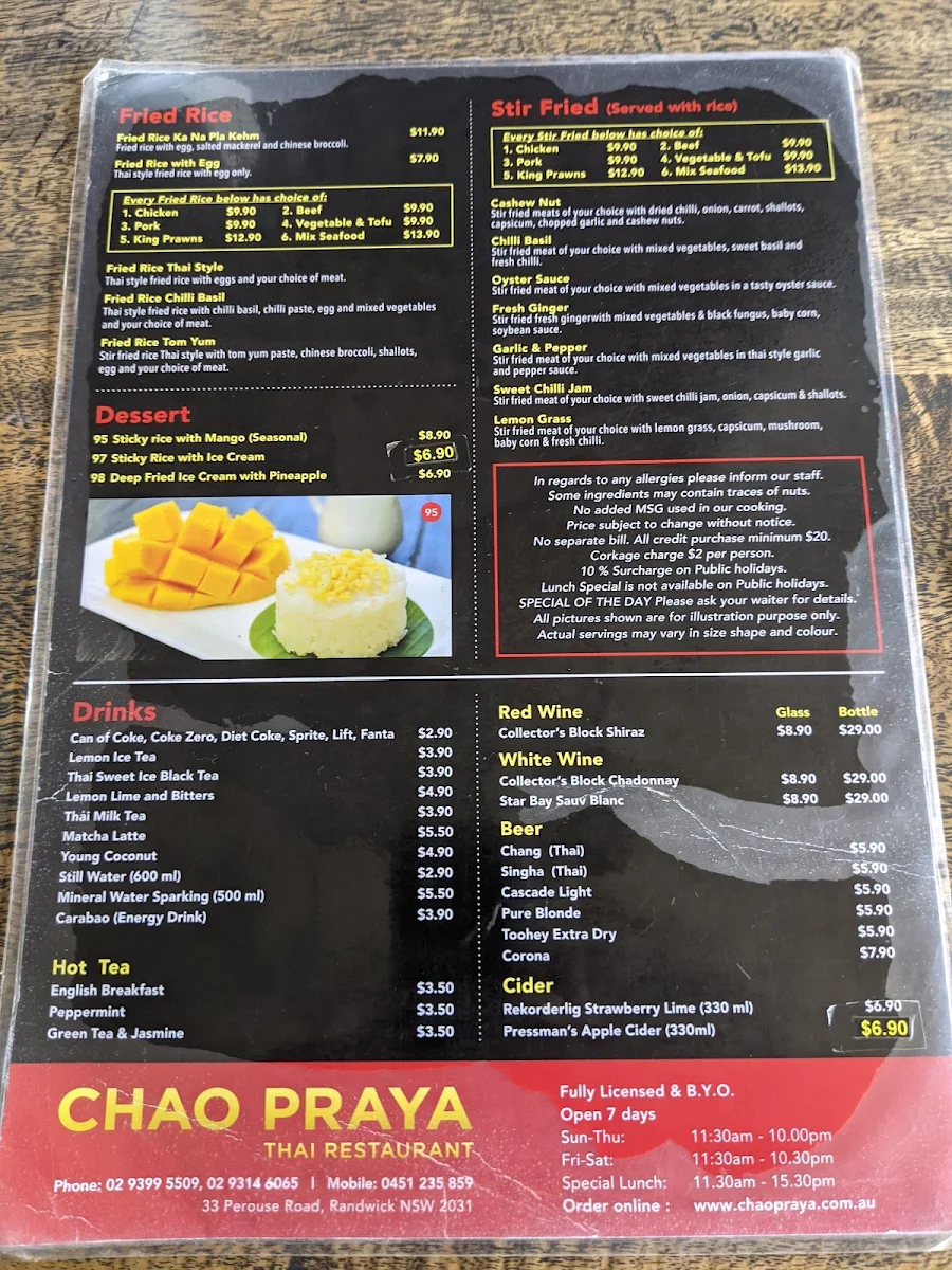 Menu, Chao Praya Thai Restaurant