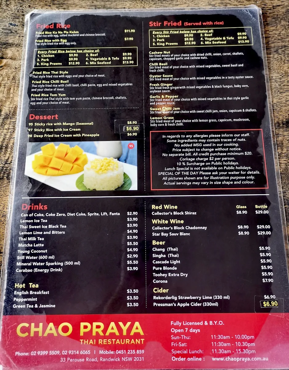 Menu, Chao Praya Thai Restaurant