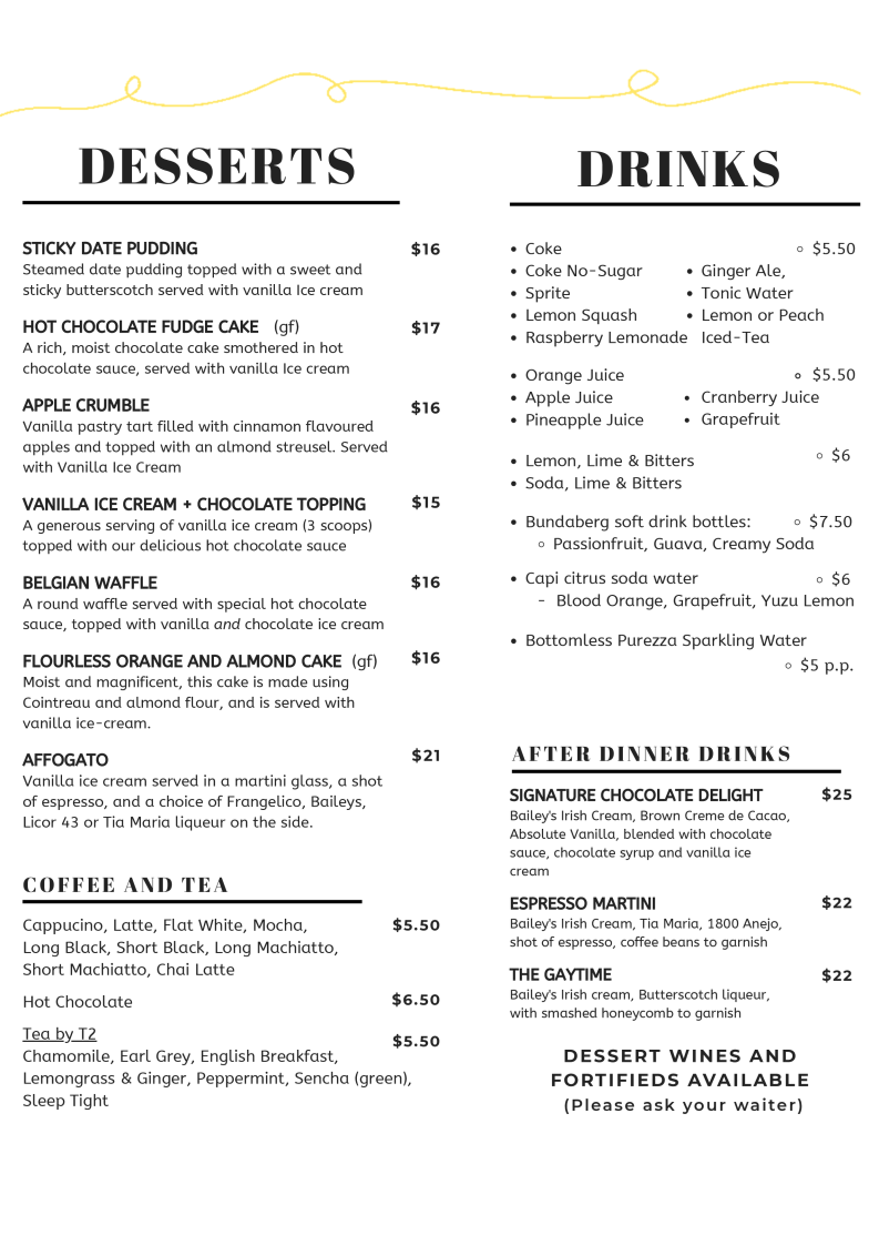 Menu, Squires Loft Camberwell