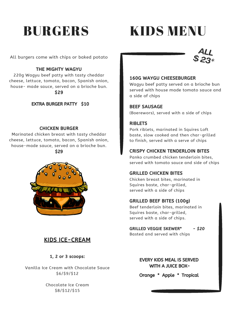 Menu, Squires Loft Camberwell