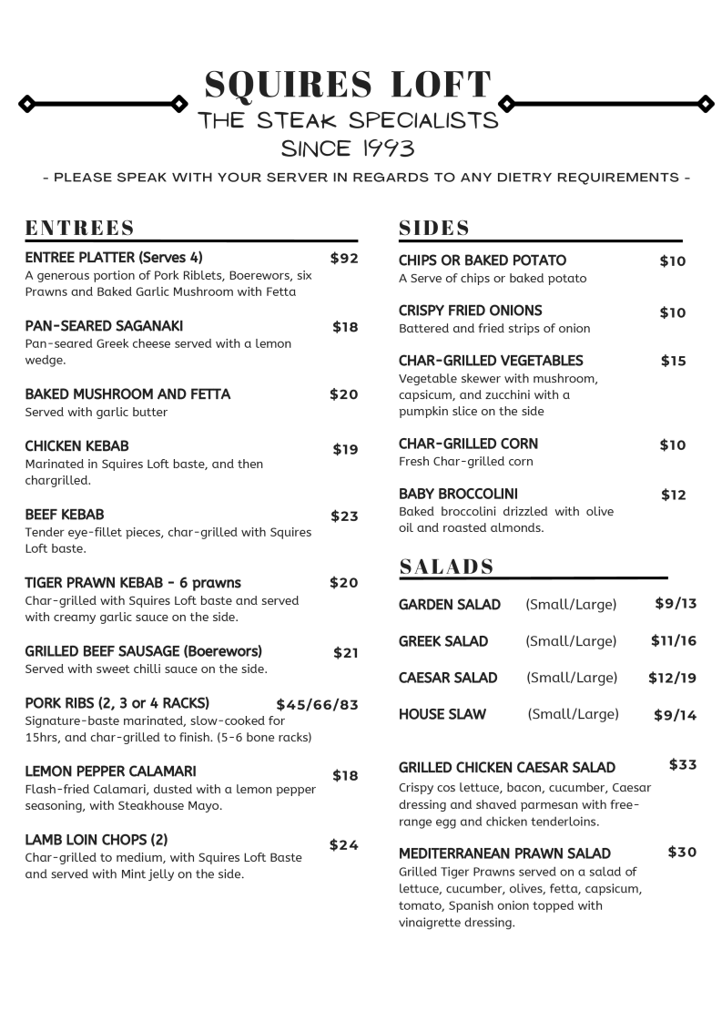 Menu, Squires Loft Camberwell