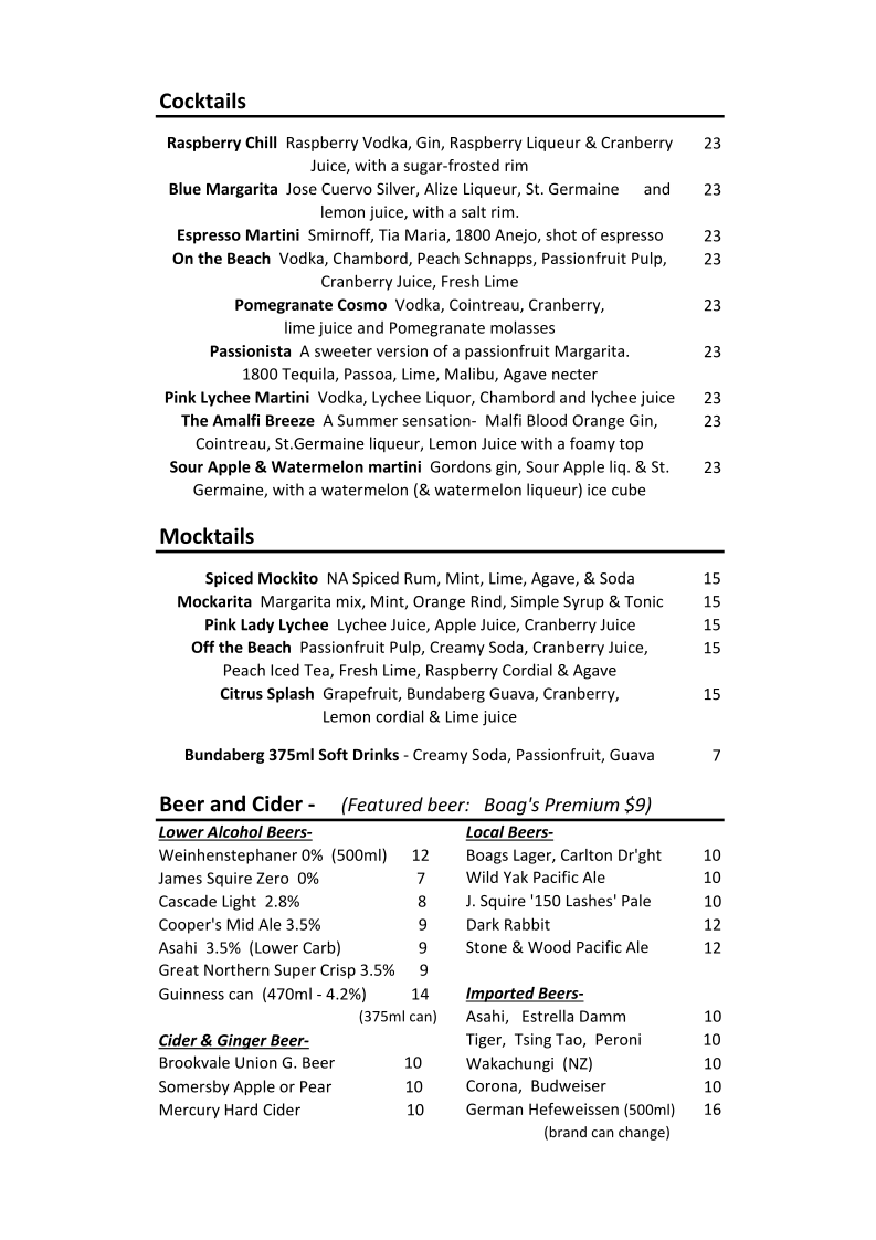 Menu, Squires Loft Camberwell