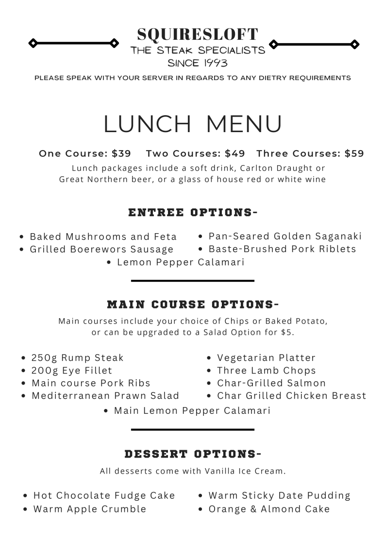 Menu, Squires Loft Camberwell