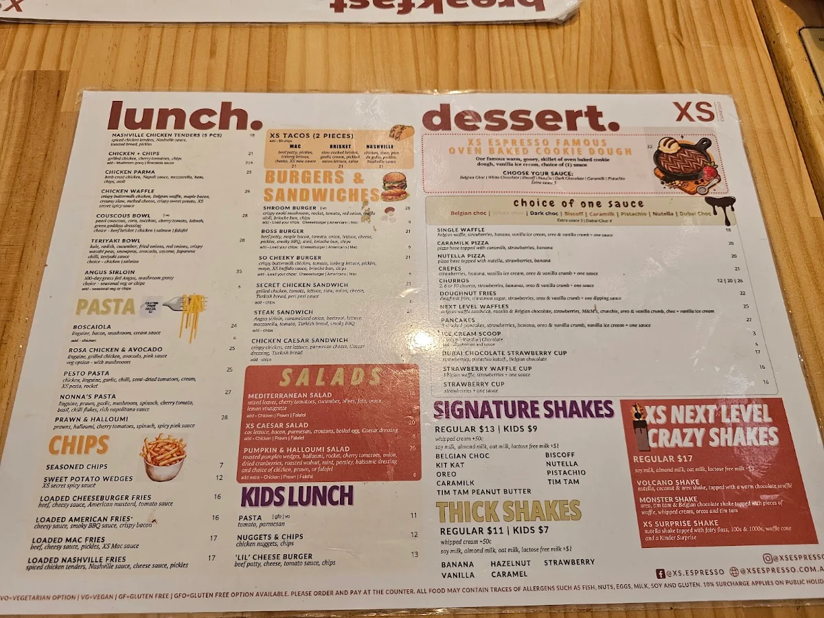 Menu, XS Espresso Bennetts Green