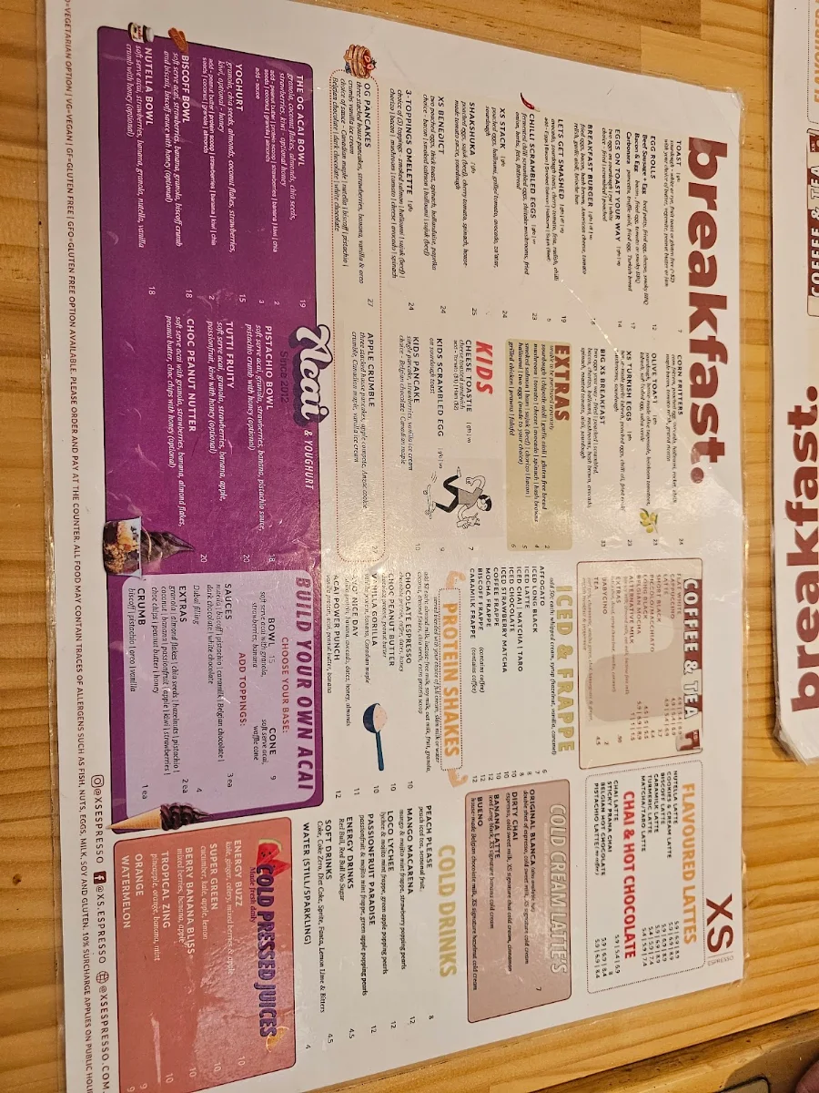 Menu, XS Espresso Bennetts Green