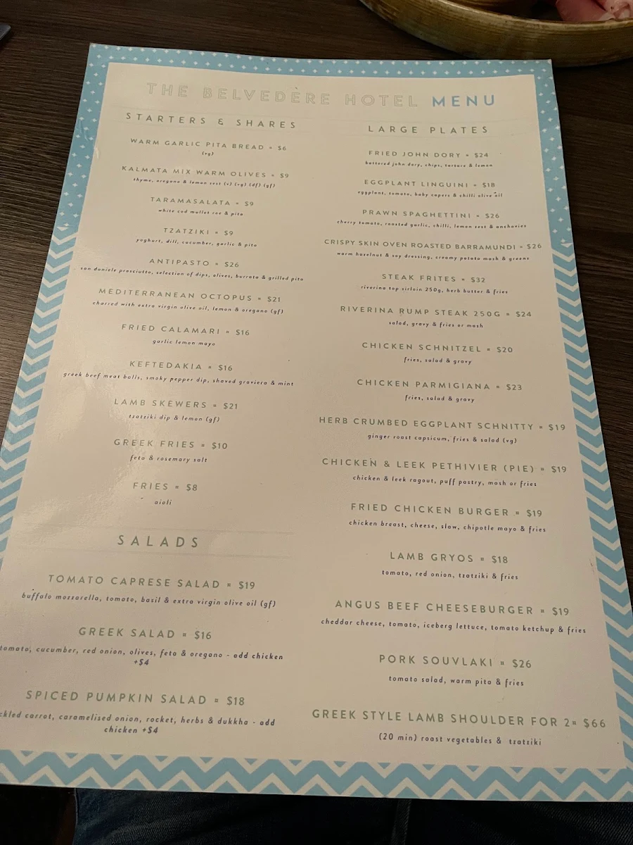Menu, The Belvedere Hotel