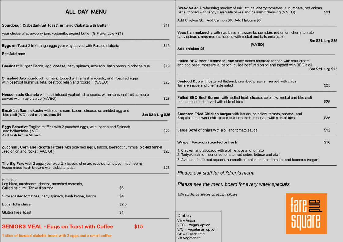 Menu, Fare Square