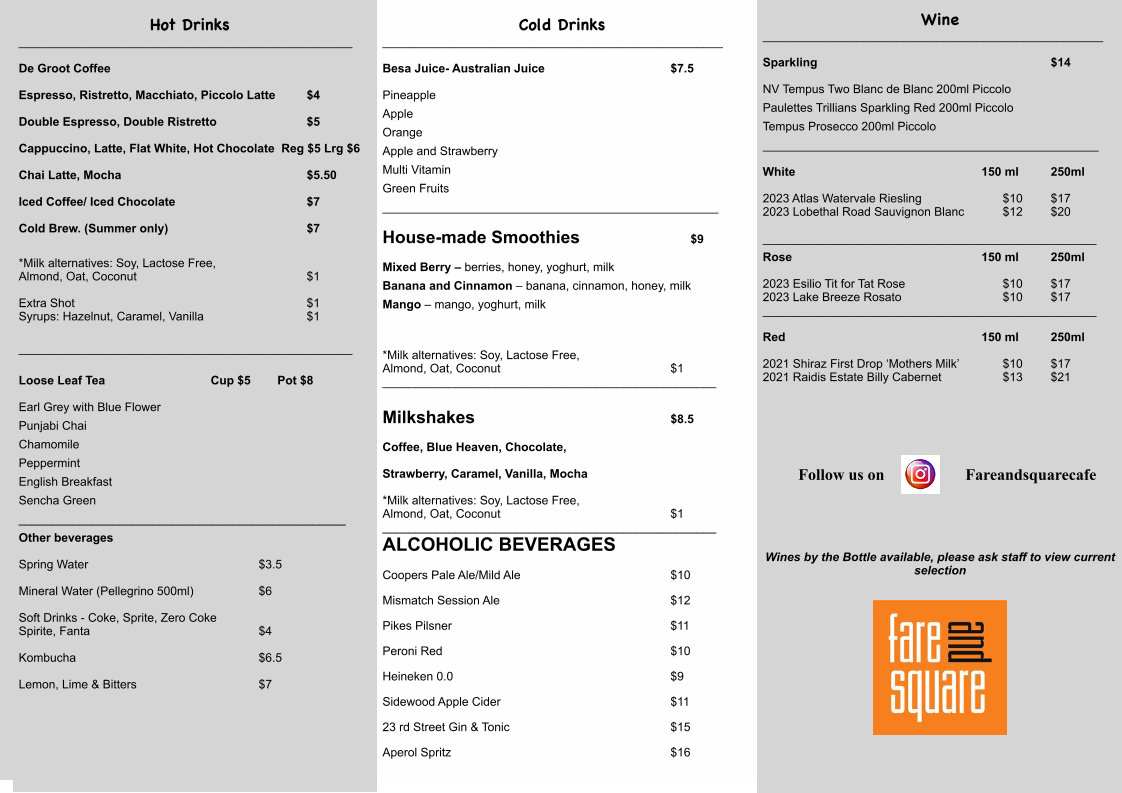 Menu, Fare Square