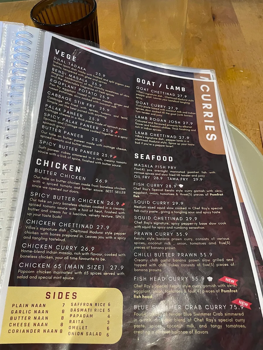 Menu, Villas Restaurant & Bar